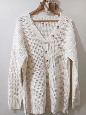 Pink Lily Ivory Cream Waffle Knit Button Front Pullover Sweater XL